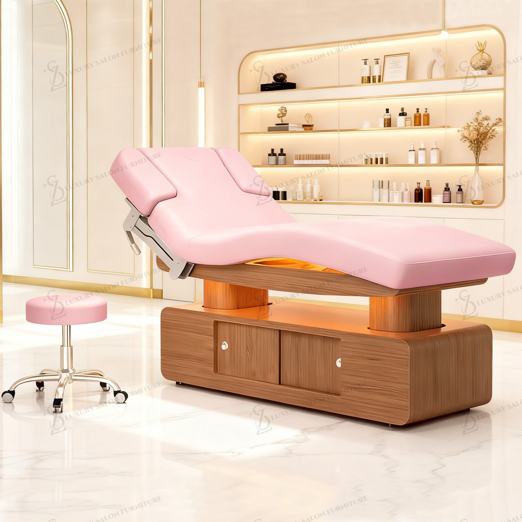 Spa Wellness Salon - Luksusowe łóżko kosmetyczne 3/4-motoryzowane, różowe, wielofunkcyjne